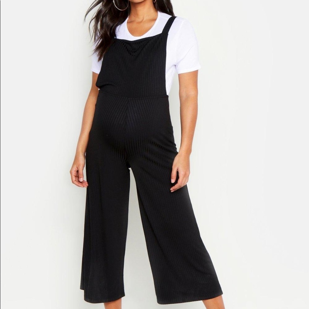 Maternity Black Ribbed Overalls